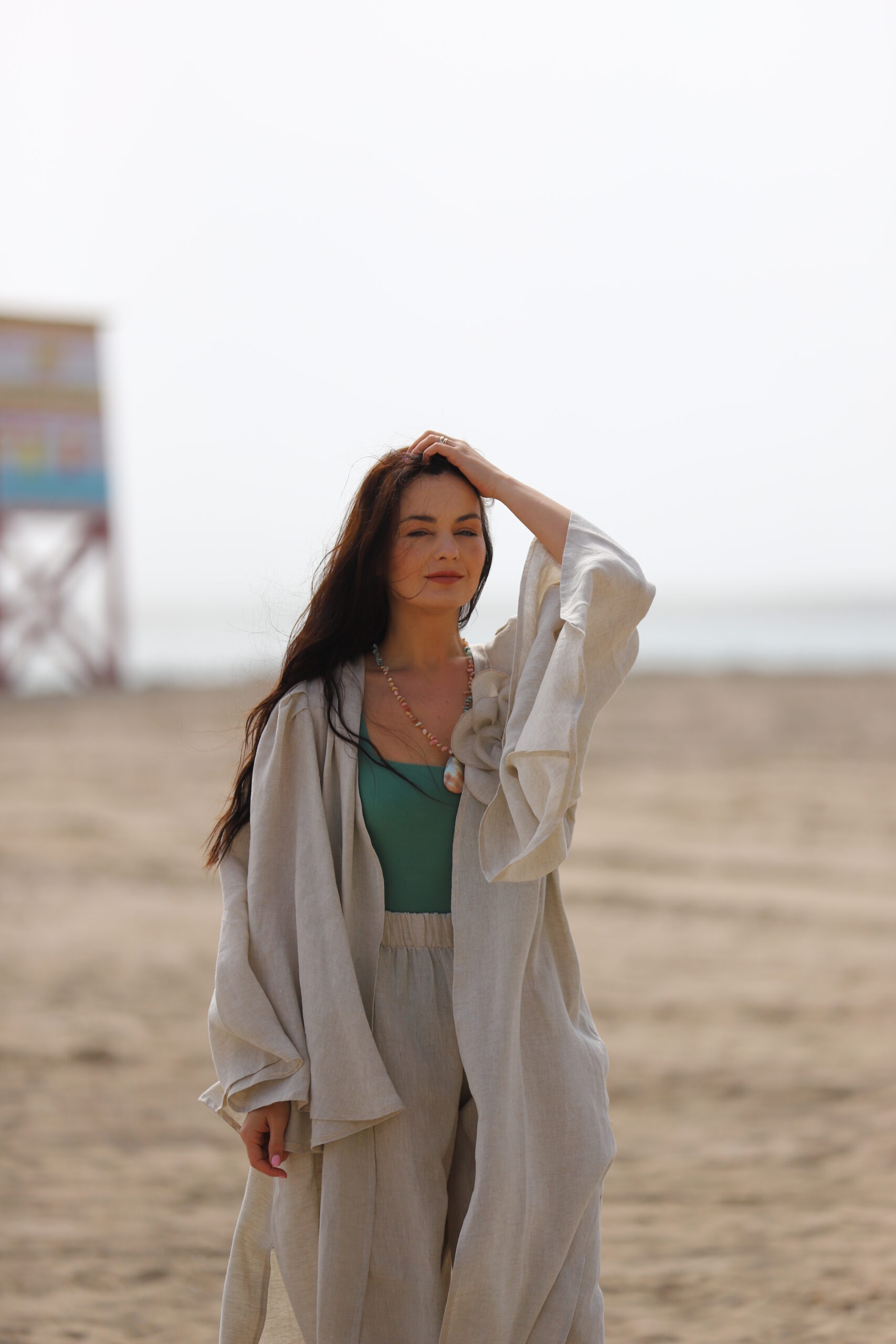 Kimono In Set mit Blume und Hose aus Leinen