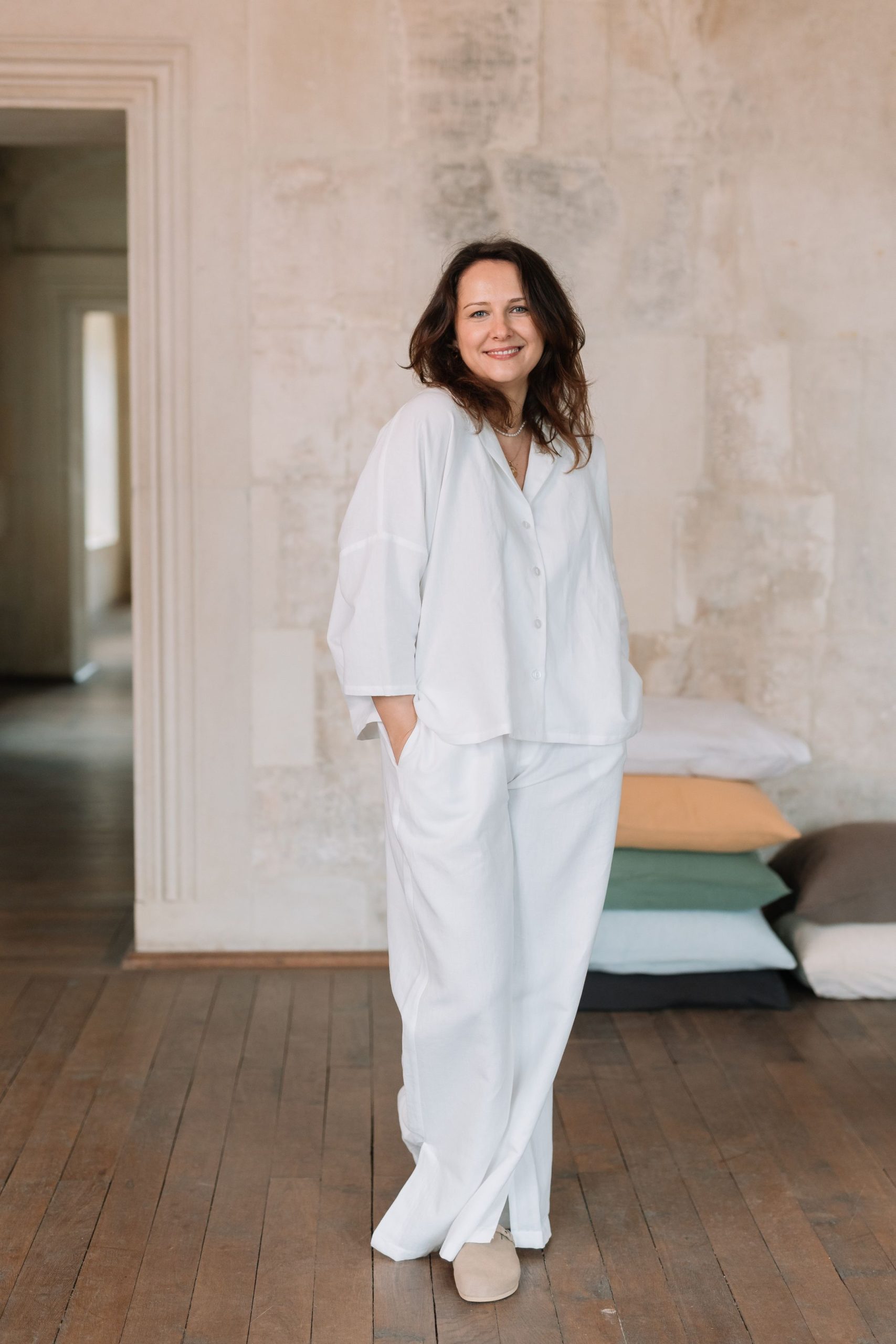 Damen Pyjama-Set aus Leinen und Baumwolle Air White