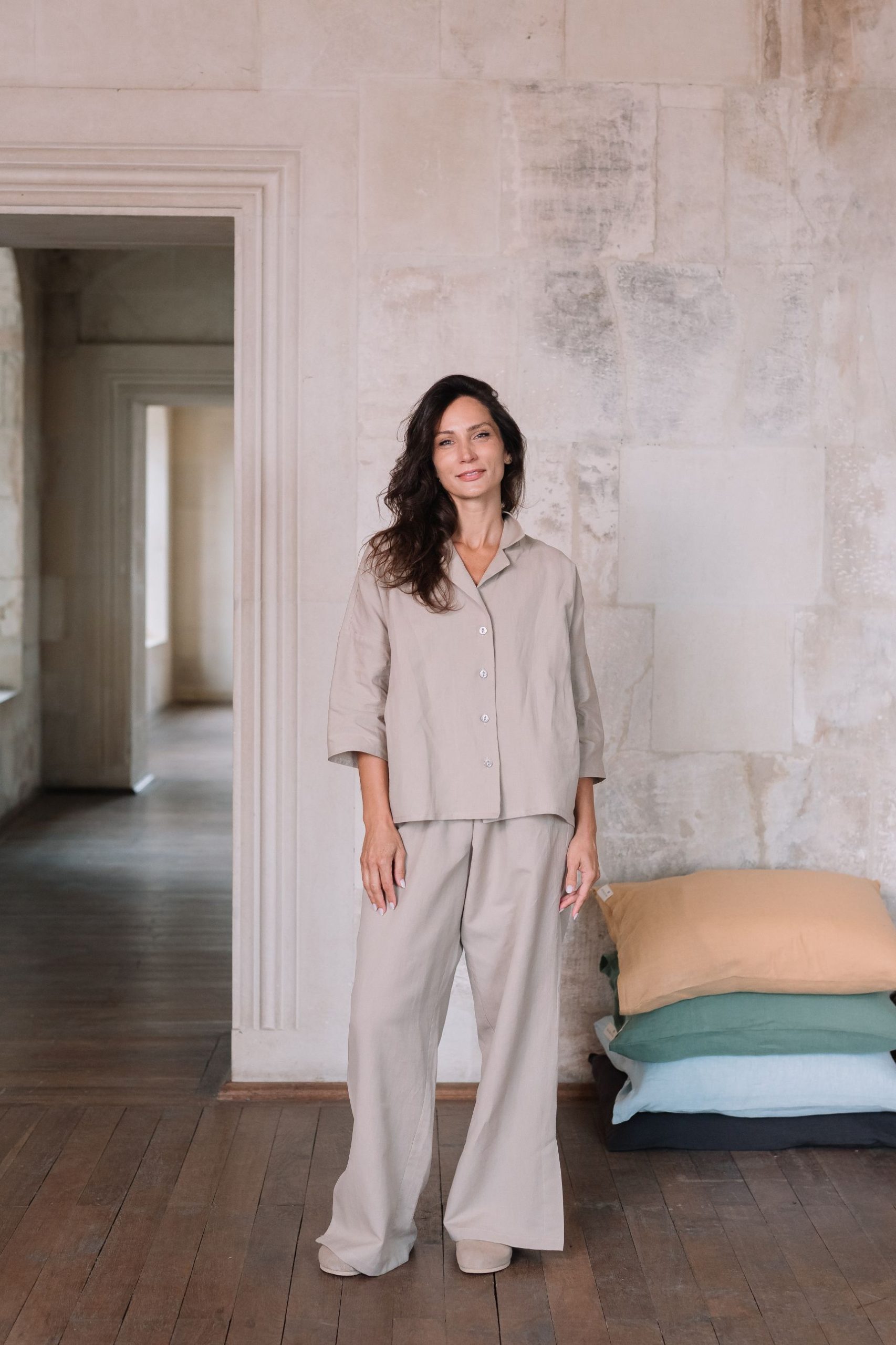 Pyjama-Set für Damen aus Leinen und Baumwolle Earth Beige