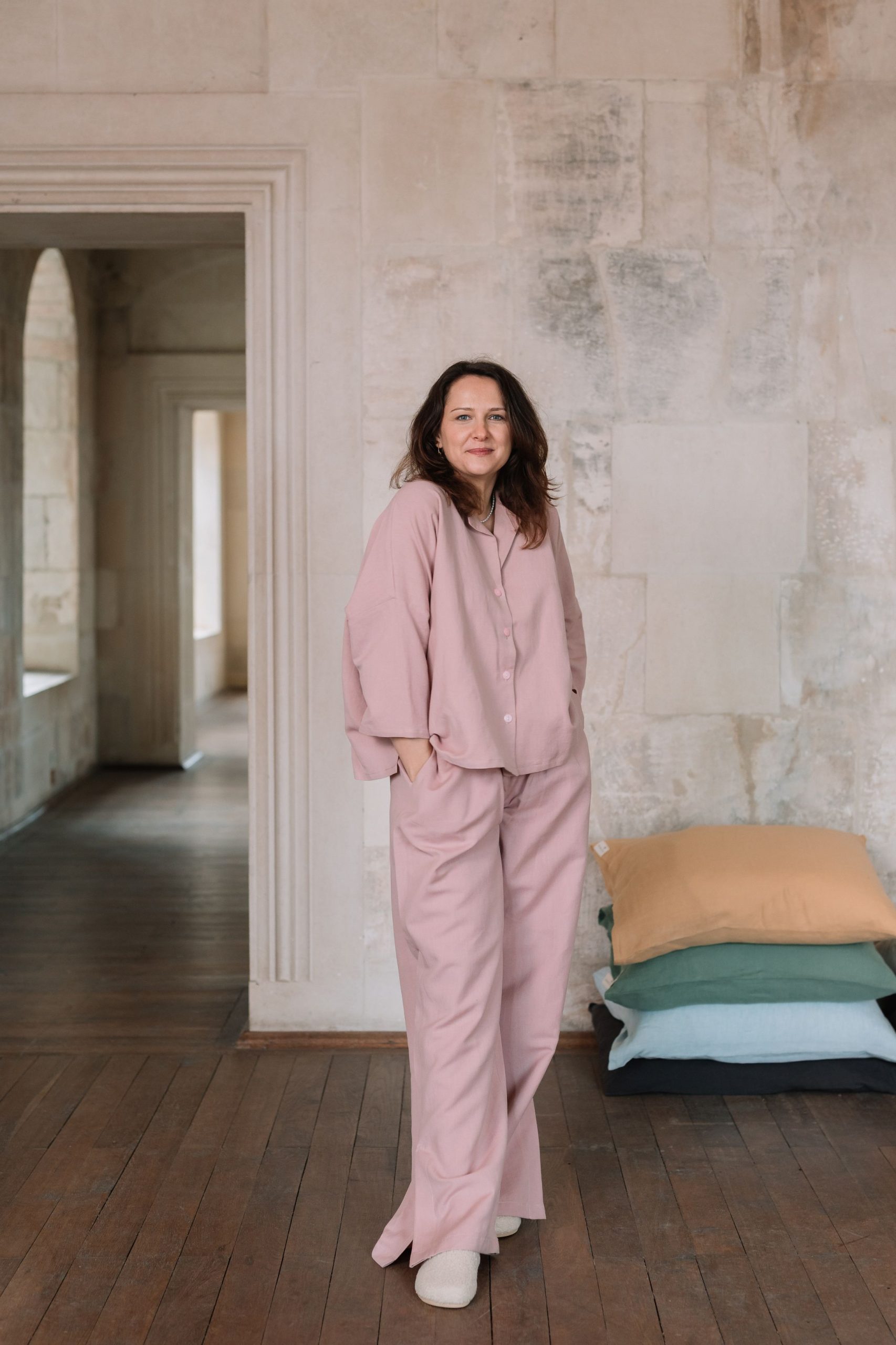 Pyjama-Set für Damen aus Leinen und Baumwolle Fire Pink