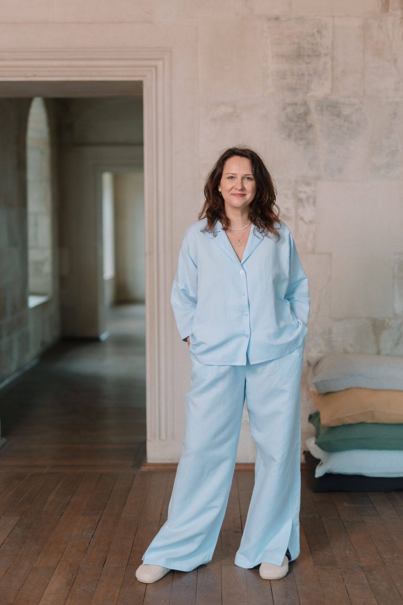 Pyjama-Set für Damen aus Leinen und Baumwolle Water Blue