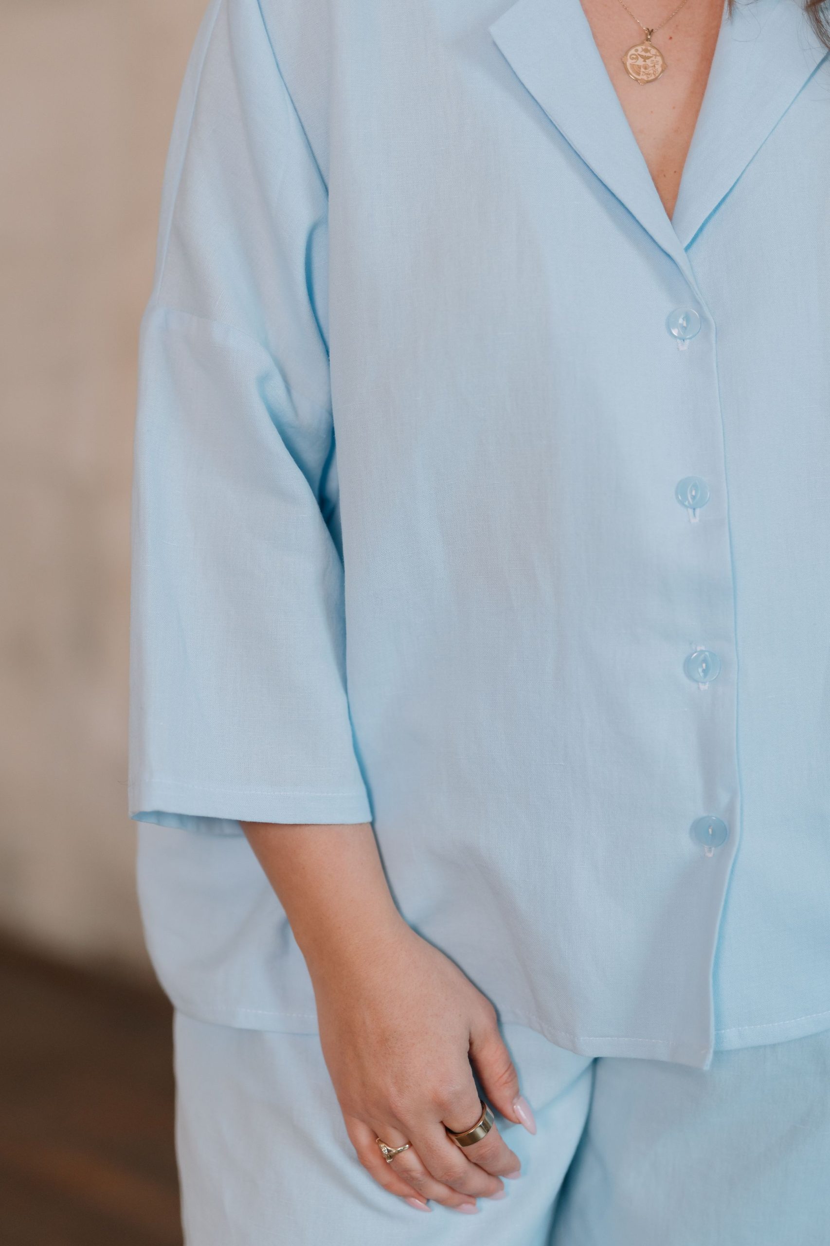 Damen Pyjamabluse aus Leinen und Baumwolle Water Blue